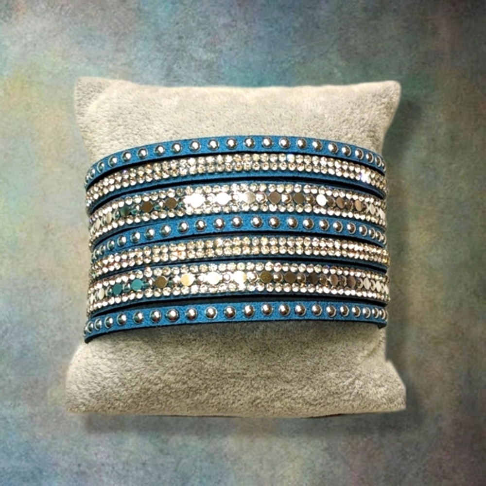 B7 NEW Teal & Silver Rhinestone Crystal Wrap Bracelet - Adjustable - 7 Stranded
